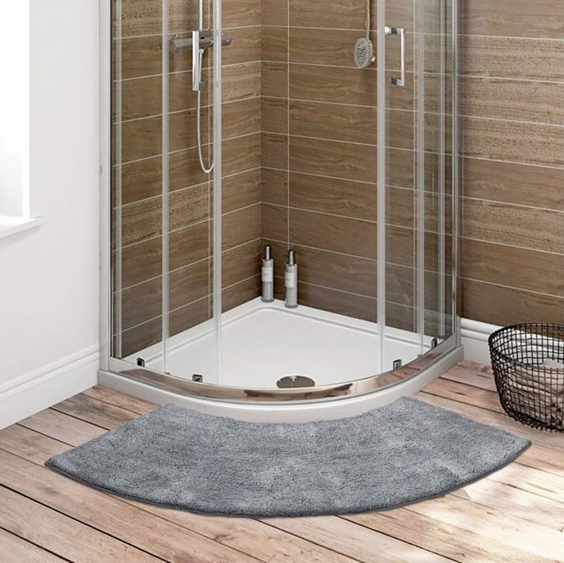 Seavish Luxury Grey Shag Curved Bath Rug, 18 x 57 inch Non Slip Microfiber Soft Absorbent Fanned Shower Mats Washable Bathroom Rug Corner Bath Tub Floor Carpet for Quadrant Shower Stall - Image 1